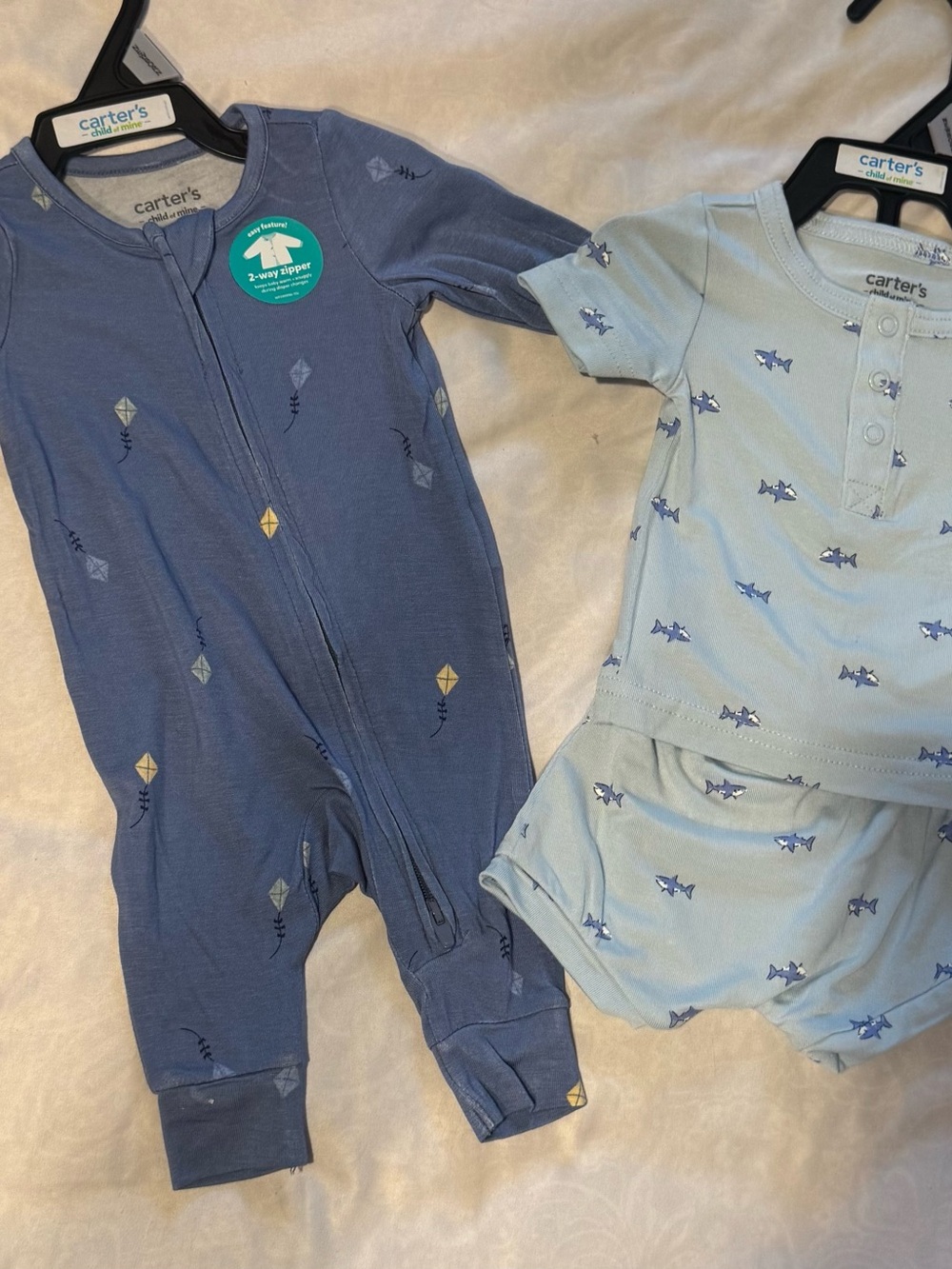 Carter's Navy Kite-Print Footed One-Piece & Light Blue Shark Tee Set